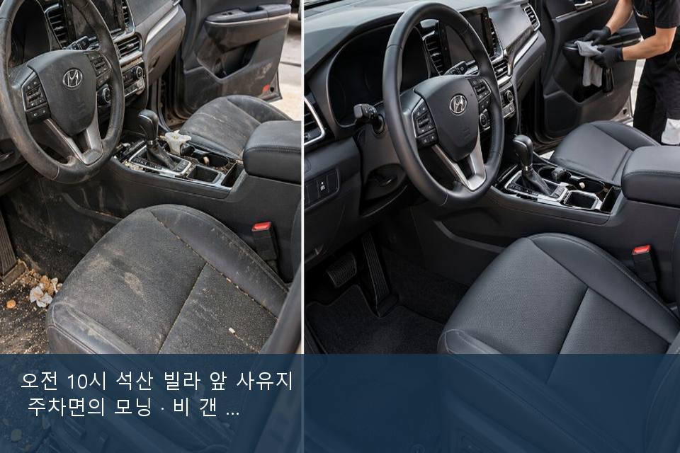 오전 10시 석산 빌라 앞 사유지 주차면의 모닝 · 비 갠 뒤의 작업